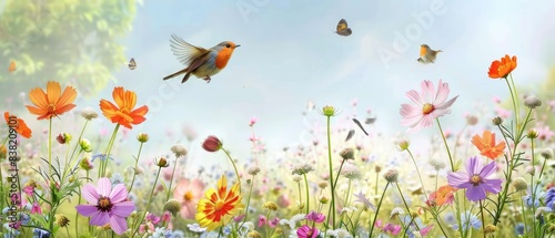Birds and Flowers Birds perched on flowers or flying above the meadow