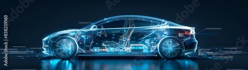 Electric car technical cutaway with all main details of EV system photo