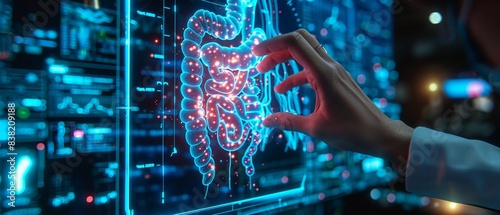 Medical professional working with a 3D holographic intestine model, advanced technology, neon blue hues, detailed and modern 8K , high-resolution, ultra HD,up32K HD photo