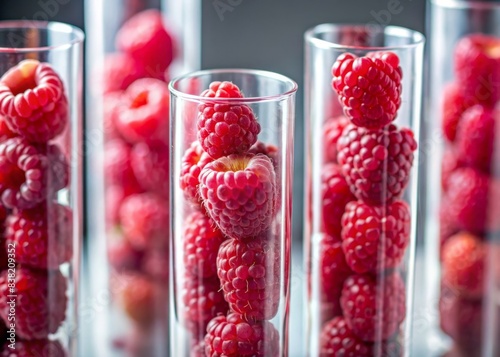 Close up of raspberries in glass tubes   raspberries  close up  glass tubes  food  sweet  fresh  vibrant  colorful  organic  fruity  berries  summer  harvest  agriculture  healthy  juicy