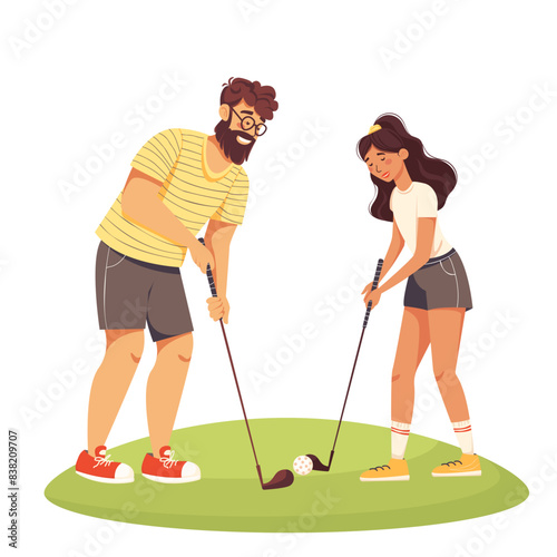 A couple of adults play golf together. A woman holds a golf club while a man takes aim. Summer outdoor sports game. A man teaches a girl to play golf. Flat vector illustration isolated on white