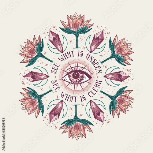 Circular ornament like mandala with lotus flower, Fortuna ball, third eye, magic glowing crystals, inspirational text. Mysterious, mystical concept for meditation, clear consciousness. Vintage style.