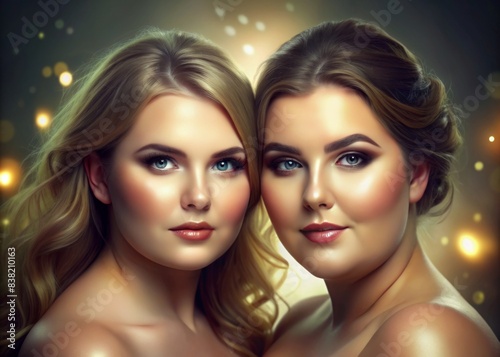 Beautiful digital art portrait of two plus size women with glowing skin, diversity, beauty, plus size, women, portrait, digital art, shining skin, confidence, empowerment, body positivity