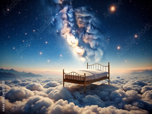 Bed floating on clouds in a starry night sky, sleep, deep sleep, bed, mattress, clouds, night, stars, dream, relaxation, celestial, peaceful, resting, comfort, tranquil, serene, restful