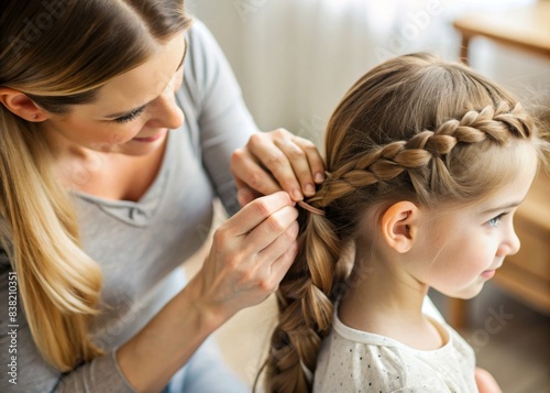 Close up photo of mother braiding her daughter s hair   mother  daughter  hair braid  bonding  love  family  hairstyle  close up  beauty  care  affection  braiding  salon  fashion