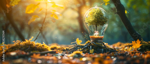 A lightbulb with a tree inside, symbolizing green energy and sustainability, placed in a vibrant autumn forest with sunlight shining through.