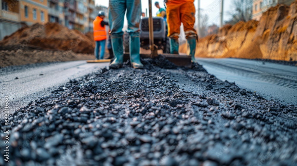 asphalt pavement workers working on an asphalt road, generative ai asphalt pavement workers working on an asphalt road, generative ai