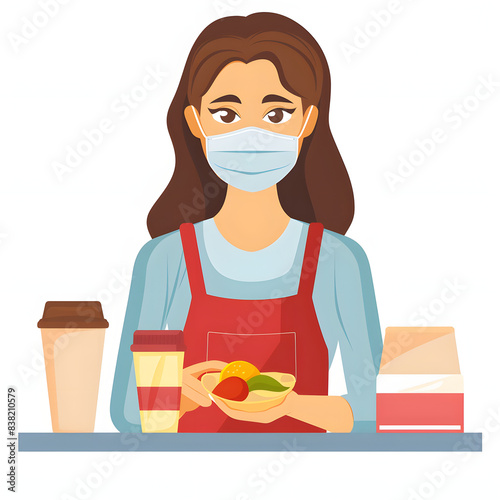 woman wearing mask ordering food in a cafe restaurant covid 19 isolated on white background, png