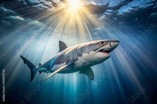 Great white shark swimming underwater with rows of sharp teeth visible, illuminated by the sun's rays , predator, marine life, underwater, ocean, carnivore, dangerous, wildlife, teeth, fins © artsakon