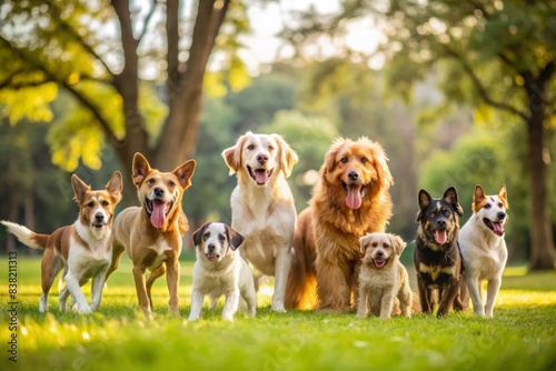 A group of various breeds of dogs playing together in a park, dog, pet, canine, domestic animal, companionship, playful, socialization, park, outdoor, diverse, friendship, unity, pack, furry photo