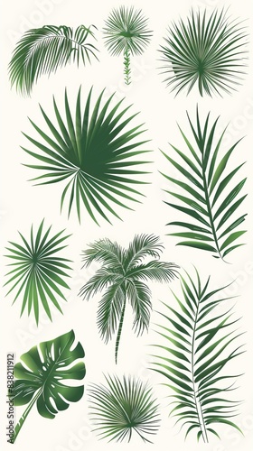 Beautiful palm tree leaf set silhouette background vector illustration