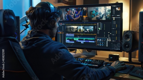 High-angle view of a video editor working on a timeline in professional editing software, arranging clips and adding effects for a polished final product