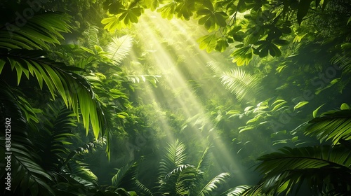 A lush  verdant forest canopy illuminated by shafts of golden sunlight filtering through the leaves.
