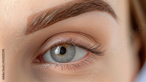 Macro shot of a woman's eyebrows after microblading procedure, displaying fine hair strokes for a natural and fuller look photo