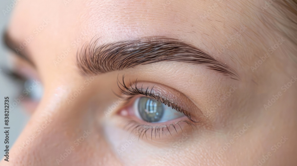 Obraz premium Macro shot of a woman's eyebrows after microblading procedure, displaying fine hair strokes for a natural and fuller look