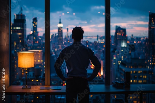 Silhouette of a man standing in front of a large window, overlooking a bustling city skyline at twilight, creating a mood of contemplation.