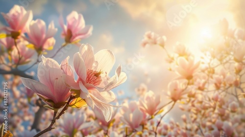 Magnolia trees in full bloom with large  delicate flowers against a backdrop of a bright  sunny day