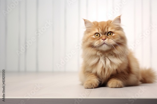 Portrait of a smiling british longhair cat over minimalist or empty room background