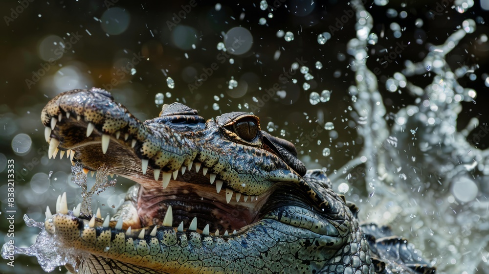 Obraz premium crocodile with water splashing on its face and its mouth open generative ai