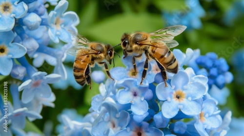 The bees on blue flowers