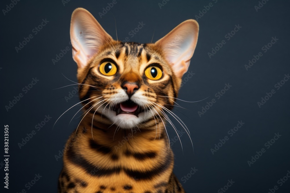 Portrait of a happy bengal cat over solid color backdrop