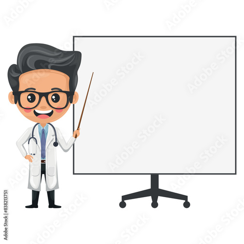 Cartoon of doctor character with a stethoscope and lab coat giving a talk or training on a whiteboard in a meeting. Health and medicine concept. Research, science and technology in health