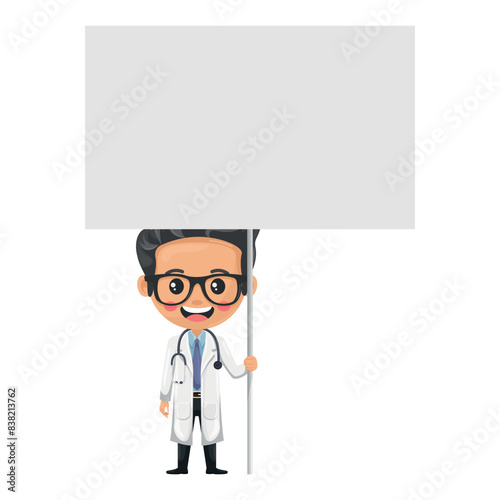 Cartoon of a doctor character holding a banner at a protest march or mobilization. Poster with space to copy and paste text. Health and medicine concept. Research, science and technology in health