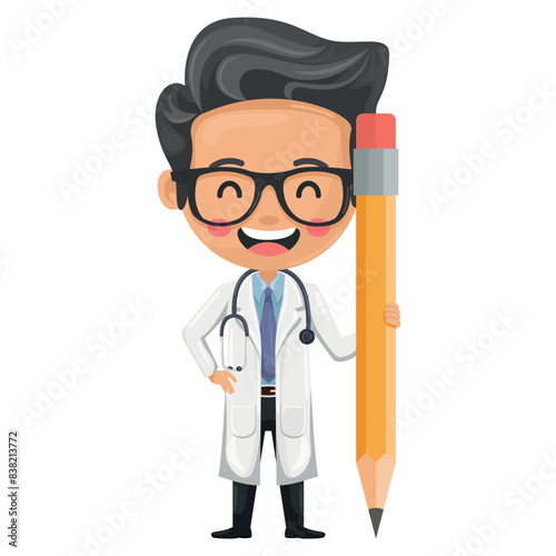 Cartoon of a doctor with a pencil symbolizing the importance of documentation, study and creativity in medical practice. Health and medicine concept. Research, science and technology in health