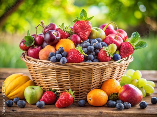 Organic summer natural fruit basket with a variety of fresh  colorful fruits   organic  summer  natural  fruit basket  fresh  colorful  healthy  organic food  seasonal  ripe  delicious