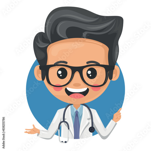 Doctor character cartoon with a stethoscope pointing his finger. Express an idea and indicate with the index finger. Health and medicine concept. Research, science and technology in health