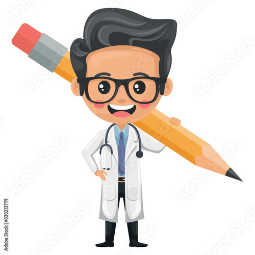 Cartoon of a doctor carrying a pencil symbolizing the importance of documentation, study and creativity in medical practice. Health and medicine concept. Research, science and technology in health