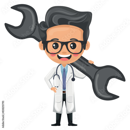 Cartoon doctor carrying a wrench symbolizing the ability of the health professional to solve health problems with a practical and technical approach. Research, science and technology in health