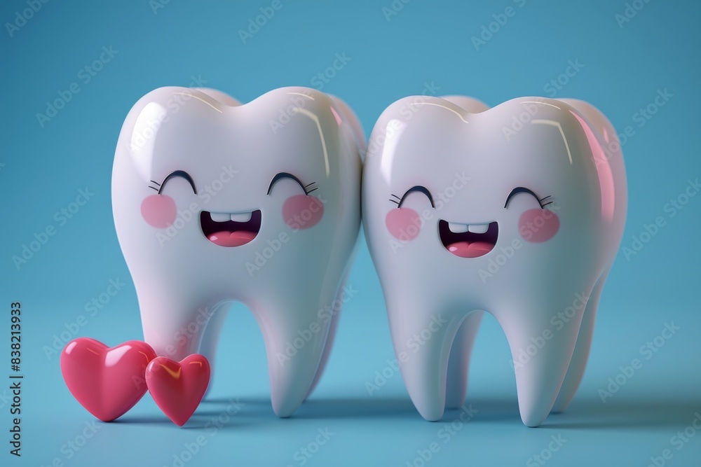 Adorable cartoon teeth couple with smiles and hearts, symbolizing dental health and love, isolated on blue background. Adorable cartoon teeth couple with smiles and hearts, symbolizing dental health and love, isolated on blue background.