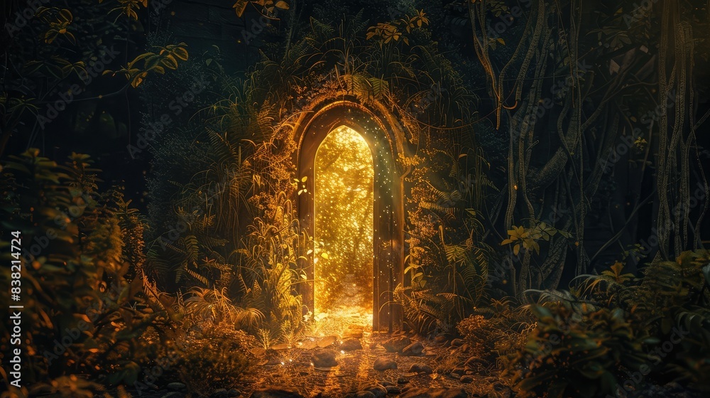Fototapeta premium Mystical scene with an ancient door opening from darkness into a fantastical, brightly lit world
