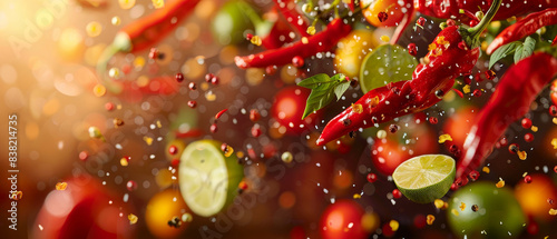 Fototapeta Naklejka Na Ścianę i Meble -  Vibrant explosion of spices with red chili peppers, limes, and colorful peppercorns floating in the air, capturing the essence of spicy cuisine.