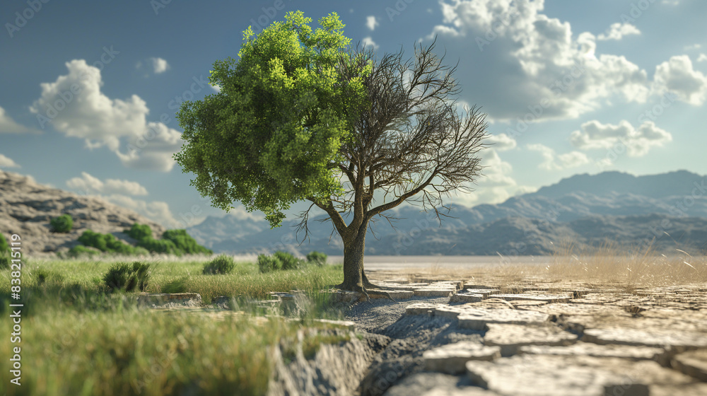 Climate changes & nature impact. A tree in middle of dry, cracked ground and natural green ground. Drought to green, global warming, weather transformation, ecology concepts. Climate changes & nature impact. A tree in middle of dry, cracked ground and natural green ground. Drought to green, global warming, weather transformation, ecology concepts.