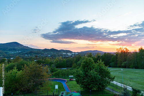 Sunset in the Beskids seen from the terrace of the Diament Hotel in Ustroń, Beskidy