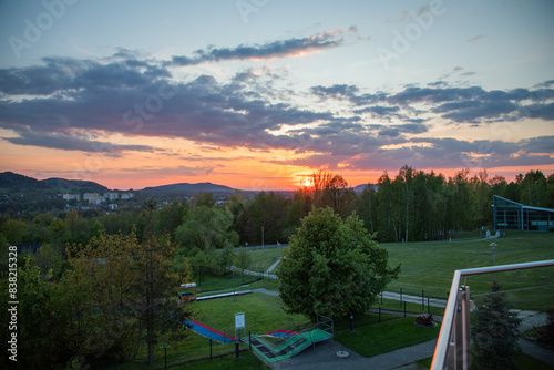 Fototapeta Naklejka Na Ścianę i Meble -  Sunset in the Beskids seen from the terrace of the Diament Hotel in Ustroń, Beskidy
