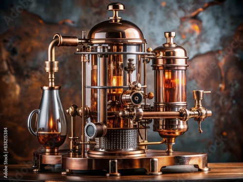 Steampunk coffee maker machine with intricate brass and copper details, steampunk, coffee maker, machine, brass, copper, vintage, retro, gadget, steampunk design, technology, mechanical