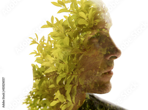 A 3D conceptual double exposure full front male portrait.