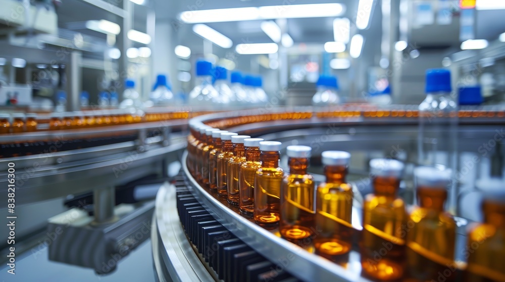 Cleanroom production line with amber vials and sterile environment