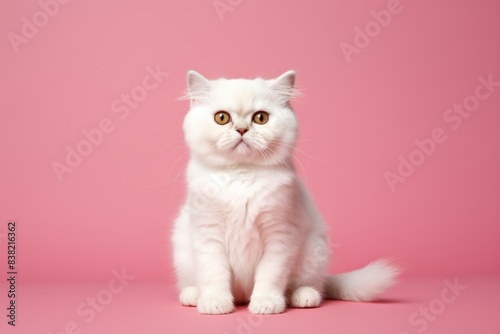 Portrait of a cute munchkin cat in front of solid color backdrop