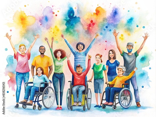 Colorful art watercolor painting of diverse group celebrating International Day of Disabled Persons, featuring individuals on wheelchairs and promoting Autistic Awareness Day, disability