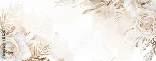Luxurious beige and brown trendy design banner frame. Pastel pampas grass, fern, flowers. Watercolor brush texture. Wedding card invitations.
