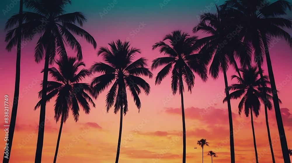 Obraz premium Palm trees silhouette against the vivid neon hues, tropical background in the neon glow of sunset or dawn