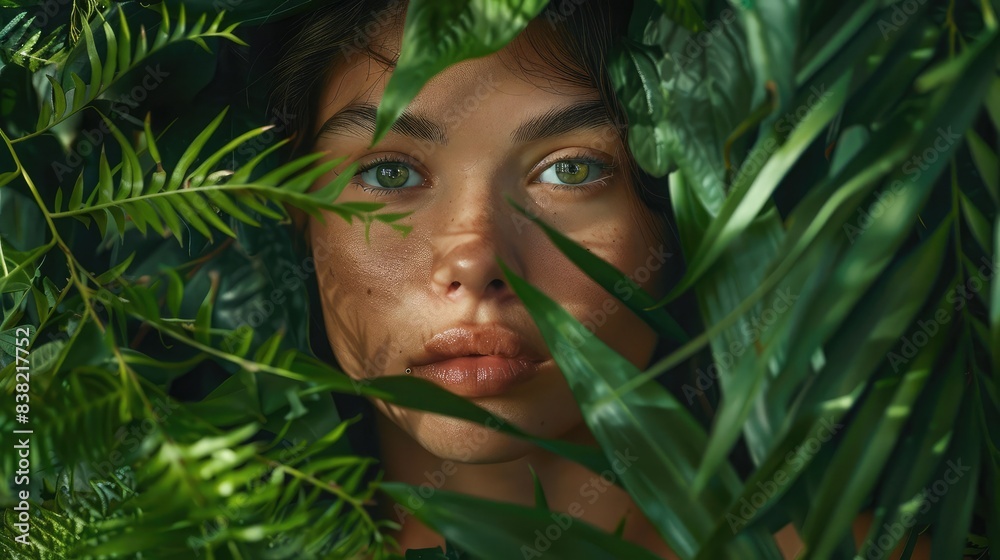 Portrait of a woman with her face framed by lush greenery, blending harmoniously with nature Portrait of a woman with her face framed by lush greenery, blending harmoniously with nature