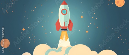 Flat design cartoon icon of a rocket ship launching, symbolizing a successful startup takeoff, speed, growth, dynamic and colorful, photo