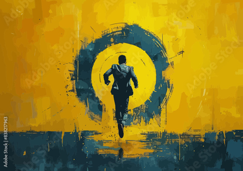 Businessman Running Towards Goal Target Illustration, Concept of Professional Success and Achievement, Minimalistic Art in Vibrant Colors