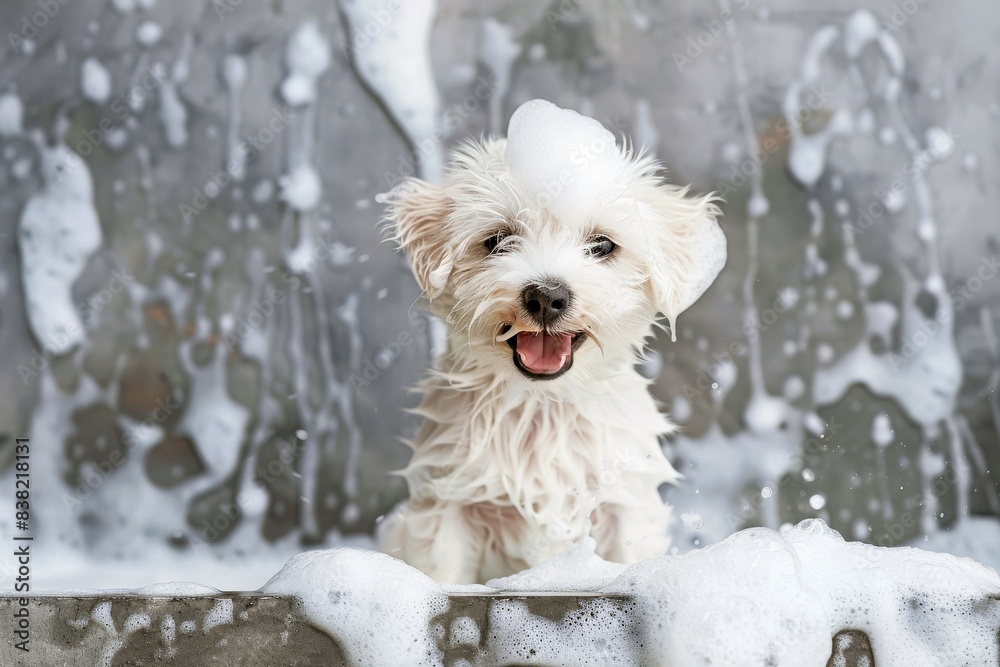 Naklejka premium Happy and playful cute dog playing in a foam bath with foam on his face, photography style