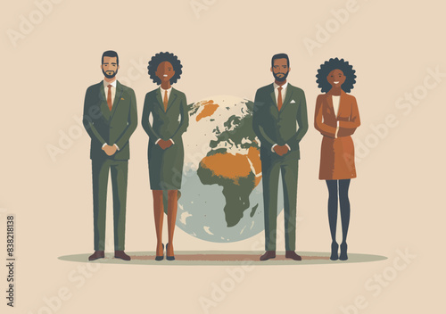 Global Business Team with Diverse Professionals Standing in Front of World Map Illustration, Teamwork, Leadership, Collaboration, International Business Concept, Minimalistic Vector Art